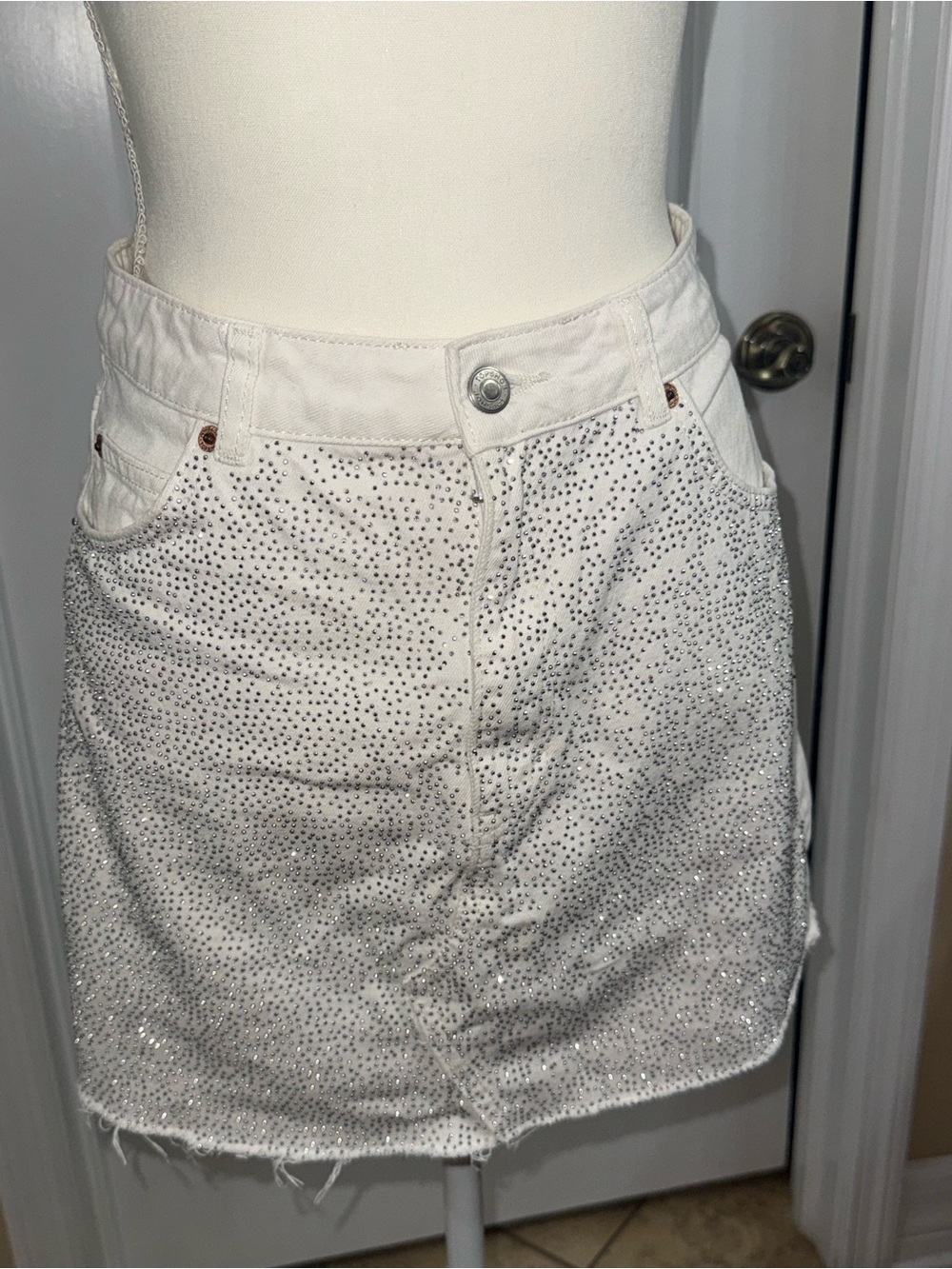 Topshop White Rhinestone Denim Mini Skirt